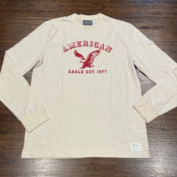 NWOT American Eagle Men's Sz S Felted Logo Graphic Tee Long Sleeve Cream Oatmeal - Picture 1 of 10